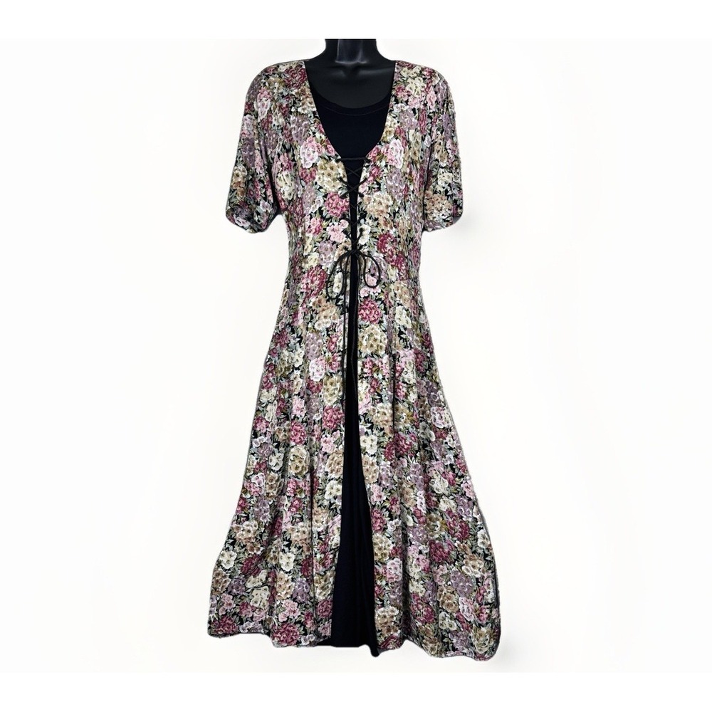 VTG Nostalgia Double Corset Black Floral Midi Dress LG‎ Short Sleeve Boho Grunge